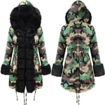 Womens Camo Printed Winter Coat Padded Parka Faux Fur Lined Warm Green + Black Xl