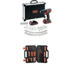 BLACK+DECKER BDCDC18BAFC-QW Perceuse visseuse sans fil - Chargeur inclus - 80 accessoires - Livrée en malette, 18V, Coffret, 2 Batteries & A7200-XJ Coffret de perçage et vissage-109 pièces