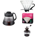 Hario V60 Coffee 02 Glass Server, Canister Coffee Grinder and V60 Glass Dripper 02 Black with V60 Misarashi Paper Filters