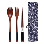 Set of 3 Japanese Style Wooden Tableware Spoon&Fork&Chopsticks,Reusable Long Handle Wooden Food Utensil, Perfect for: Ramen/Noodles/Sushi/Rice/Sashimi/Salad