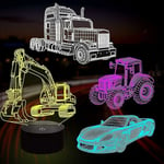 Attoe Lampe de voiture 3D Veilleuse Illusion 3D pour enfants, camion, tracteur, pelle, 16 couleurs changeantes avec télécommande, intensité variable