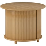 Soffbord vardagsrumsbord av bambu med dolt förvaringsutrymme och skjutdörr, runt sidobord i modern stil, för vardagsrum, natur,