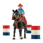 Figurine Cowgirl et Tonneaux de Racing et Cheval Schleich - Animaux de la Ferme et Accessoires Western Réalistes - Coffret 7 Pièces