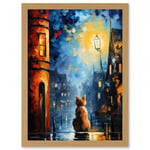 Artery8 A Street Cat Named Desire Palette Knife Oil Painting Ginger Cat Village Night Artwork Framed Wall Art Print A4