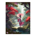 Geisha Dancing with Umbrella By Cherry Blossom Trees Painting Traditional Pink Floral Kimono Dance in Tranquil Japan Forest River Landscape Unframed W