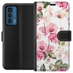 Motorola Edge 20 Pro Svart Plånboksfodral Rosa blommor