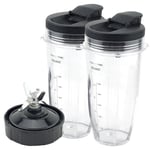 Blender Replacement Parts for Ninja, 2 24Oz Cups with To-Go Lids, 7 Fins Extract
