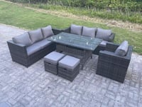 Lounge Sofa Garden Furniture Set Rattan Rectangular Dining Table Patio Chair with 2 Small Footstool 9 Seater
