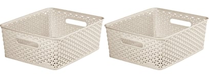 2x Curver Nestable Rattan Basket Small Storage Plastic Wicker Tray 8L - Cream