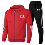 Män Under Armour Sport Huvtröja & Byxor Set Långärmad Hel Dragkedja Hoodie Sweatshirt Jacka + Joggingbyxor Sweatpants Outfit Red XL