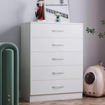 Songtree Chest of Drawers 3/4/5 Drawer with Metal Handles and Runners Bedside Table Cabinet Storage for Bedroom Living Room Furniture (5 Drawer, White)