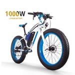 Dwm Vélo de Montagne Électrique 26 '' 4.0 Gros Pneu e-Bike VTT avec Batterie Lithium-ION à Grande Capacité (48V16AH 1000W) Velo Électrique 21 Vitesses Suspension Complète,White+Blue