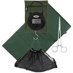 Quickfish Digital Carp Coarse 25kg Fishing Scales with Tare Function Soft Green Unhooking Mat with Fold Over Straps Soft Mesh Weighing Sling, 6" Stainless Steel Forceps & Green Down Carry Case