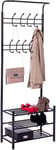 Tall Entryway Coat Stand With 3 Tier Shoe Rack, Black Metal Multi-purpose Clothing Hooks For Hallway. Home Furniture And Storage organizer