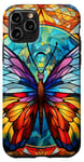 Coque pour iPhone 11 Pro Papillon bleu et jaune en verre teinté portrait insecte art