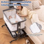 3 i 1 sidosäng resesäng baby med madrass babysäng 6 fack höjdjusterbar med förvaringskorg mörkgrå
