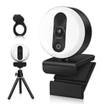Webcam HD 2K with Microphone and Adjustable Brightness Ring Light, Free Tripod and Privacy Cover for Web Cam on MAC/Desktop/Laptop,USB Streaming Webcam for Skype, Zoom, YouTube, Xbox One, Facebook