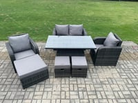 Wicker PE Rattan Furniture Garden Dining Set Outdoor Height Adjustable Rising lifting Table Love Sofa Chair Set
