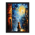 Artery8 A Street Cat Named Desire Palette Knife Oil Painting Ginger Cat Village Night Artwork Framed Wall Art Print 18X24 Inch