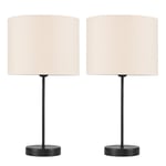 Pair of - Modern Standard Table Lamps in a Black Metal Finish with a Beige Cylinder Shade - Complete with 4w LED Candle Bulbs [3000K Warm White]