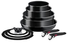 Tefal Ingenio Easy ON 10 piece Non-Stick Induction Pan Set, 24&28 cm Frying Pans, 16&20 cm Saucepans, 24 cm Sautepan, 16&20&24 cm Glass Lids,2 Bakelite Removable Handles, Black, L1599143