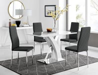 Atlanta White High Gloss and Chrome 4 Seater Dining Table with X Shaped Legs and 4 Faux Leather Milan Chairs