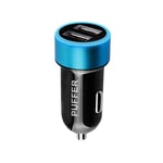 PUFFER Car Charger,Compact Rapid Dual Port USB Cigarette Lighter Adapter with Blue LED,for iPhone XR/XS/X/8/7/Plus,iPad Pro/Air 2/Mini, Galaxy S9,LG,HTC,iOS and android Smart Phones or Tablets - Blue