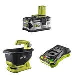 Ryobi RB18L50 ONE+ Lithium+ 5.0Ah Battery, 18 V & RYOBI Cordless Seed Spreader & Ryobi RC18150 18V ONE+ Cordless 5.0A Battery Charger, Hyper Green/Grey