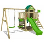 Fatmoose - Aire de jeux Portique bois JazzyJungle avec balançoire et toboggan Maison enfant exterieur avec bac à sable, échelle d'escalade &