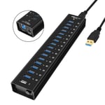 NÖRDIC powered 17-ports USB 3.0 HUB med individuell switch 5Gbps 12mm kabel aluminium svart med nätdel