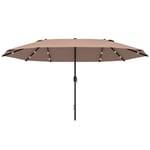 Parasoll med LED dubbelparasoll 440 x 260 cm trädgårdsparaply uteplatsparasoll stor oval med vev och metallram i khaki