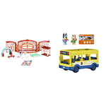 Bluey School Friends- Calypso's School Playset, 2.5-3" posable Figures Playset & Town Bus Vehicle Playset and Official Figures Pack, with two and Bingo Collectable 2.5-3" Action Figures and Bus Pass