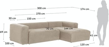 Blok, Sofa med chaiselong, Højrevendt, Stof by Kave Home (H: 69 cm. B: 300 cm. L: 174 cm., Beige)