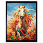 Girls Bedroom Nursery Artwork Fantasy Horse Colourful Mane Bright Bold Fun Happy Art Print Framed Poster Wall Decor 12x16 inch