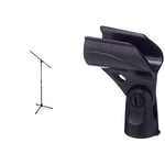 On Stage Stands MS7701B Euro Boom Mic Stand, Black, 4.25 in*32.5 in*4.0 in & Shure A25D Microphone Clip - Break Resistant Stand Adapter for Handheld Wired Mics with Barrel Diameter