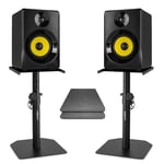 VONYX 40B Active Studio Monitors 4" Multimedia Speakers Black and Desktop Stands and Foam Isolation Pads