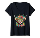 Womens Funny Cute Baby Highland Cow with Flowers Calf Animal Spring V-Neck T-Shirt