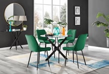 Novara 4 Seater Black Leg Round Glass Dining Table & 4 Pesaro Soft Velvet Black Leg Chairs