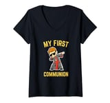 Womens My First Communion Boy Dabbing Boys 1st Holy Communion Wafer V-Neck T-Shirt
