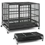 Hopfällbar hundbur med 2 dörrar & Roller & utdragbar bricktransportbur transportlåda 96 x 65 x 77 cm