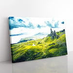 Big Box Art Old Man of Storr Isle of Skye Painting Canvas Wall Art Print Ready to Hang Picture, 76 x 50 cm (30 x 20 Inch), White, Olive, Green, Olive, Green, Turquoise