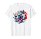 blue and red mythical fierce Asian dragon roaring anime art T-Shirt