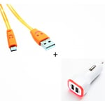 Pack Chargeur Voiture Pour Xiaomi Redmi Note 6a Smartphone Micro-Usb (Cable Smiley + Double Adaptateur Led Allume Cigare) - Orange