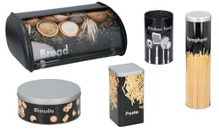 Black Embossed Metal Bread Bin Pasta Spaghetti Biscuit Storage Tin Box Utensil Pot Set