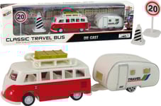 Leantoys Fordon Röd Buss Med Campingvagn