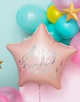 Grattis på födelsedagen! - Stjärnformad ljuspulverrosa folieballong med skimrande skrift 40 cm