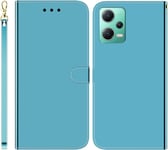 Style Portefeuille Cuir Coque Pour Redmi Note 12,Rabat Surface Miroir Fentes Pour Cartes Courroie De Poignet Multifonctionnel Cuir Protection Étui Pour Redmi Note 12,Bleu