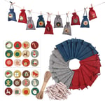 24 Christmas Advent Calendar Bags，Christmas Decoration Cloth Bag，Christmas Fillers Fabric Bags with 2 Sheets 24 Christmas Stickers，10m Rope and 24 Mini Clips DIY Decoration for Your Own Christmas