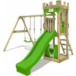 Fatmoose - Aire de jeux Portique bois TreasureTower avec balançoire et toboggan Maison enfant exterieur avec bac à sable, échelle d'escalade &