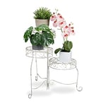 Relaxdays étagère Plantes, à 3 Niveaux Ronds, sellette en métal de Style champêtre, H : 55 cm, Pliable, Blanc